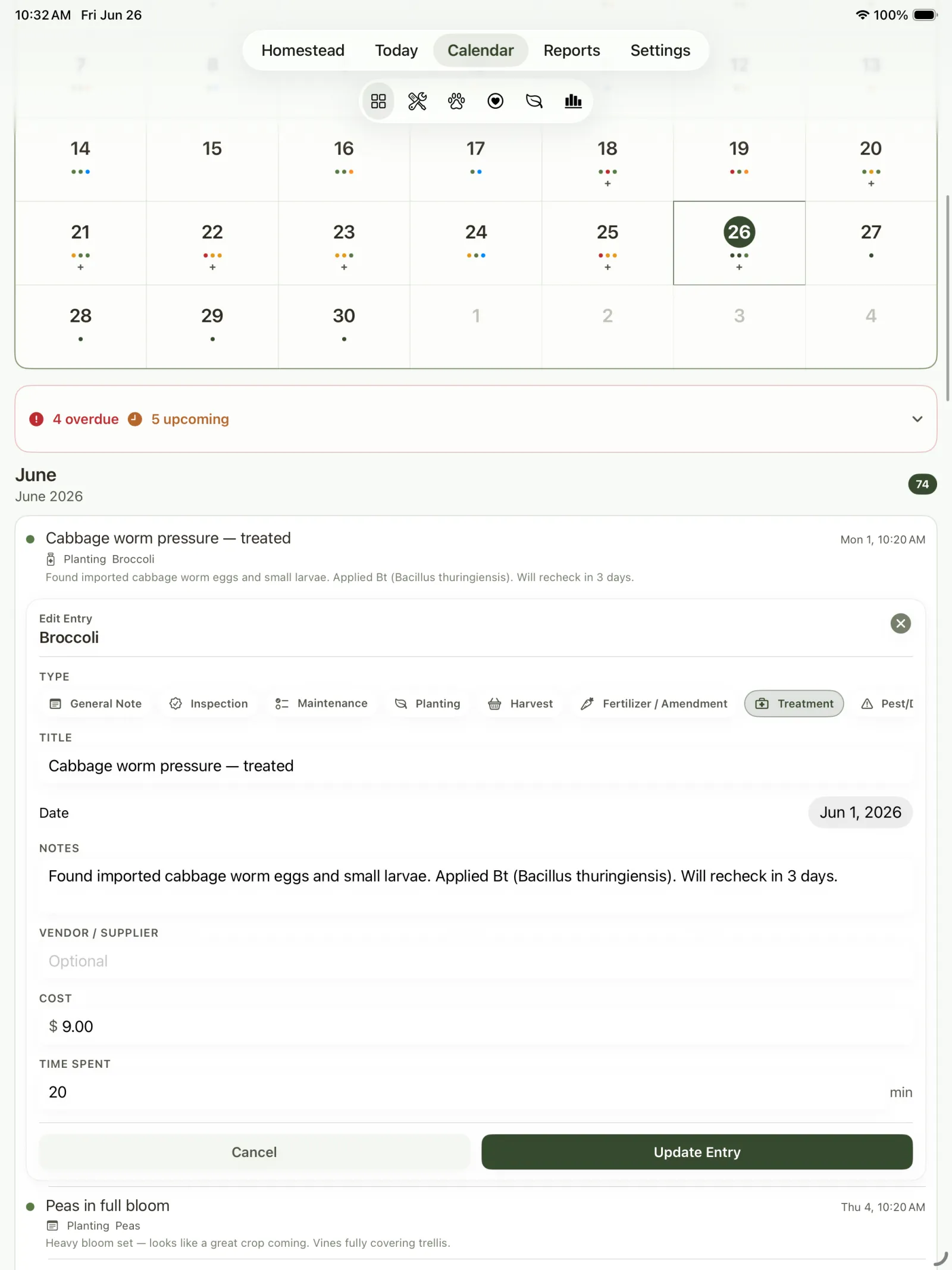 Calendar task detail showing category, priority, assigned record, due date, notes, and update action.